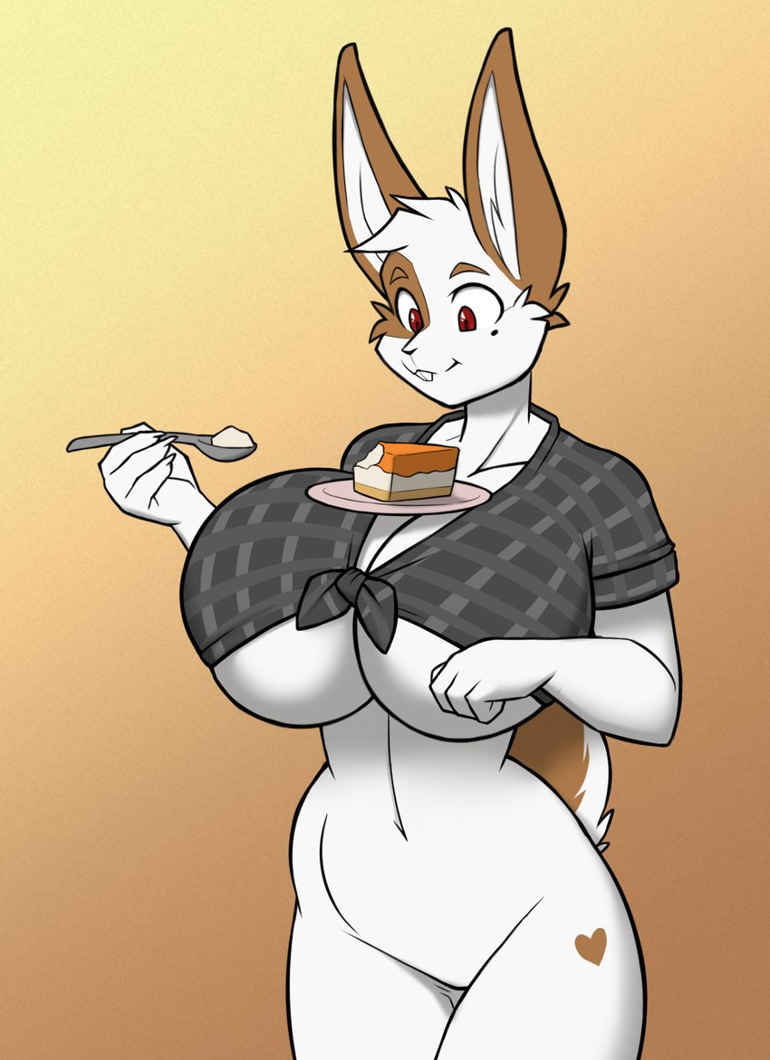 anthro big_breasts bottomless breasts brown_body brown_ears brown_fur cake checkered checkered_clothing checkered_shirt checkered_topwear cleavage clothed clothing curvy_anthro curvy_female curvy_figure cutlery dessert ear_tuft facial_markings female food food_on_plate fur hair head_markings heart_(marking) holding_spoon hourglass_figure hourglass_figured_anthro hourglass_figured_female huge_breasts kitchen_utensils long_ears markings mole_(marking) pattern_clothing pattern_shirt pattern_topwear red_eyes scut_tail shirt short_hair short_tail simple_background solo spoon tail tail_markings teeth tied_shirt tools topwear tuft under_boob white_body white_fur wide_hipped_anthro wide_hipped_female wide_hips hexteknik jane_buns_(devildjmachine) lagomorph mammal hi_res