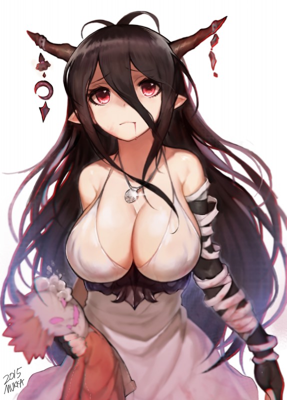 ahoge armwear bandage bare_shoulders big_breasts black_clothing black_gloves black_hair black_handwear blood bodily_fluids breasts cleavage clothed clothing crescent_(shape) doll dress elbow_gloves evening_gown female fingerless_gloves gloves hair handwear horn humanoid_pointy_ears jewelry long_hair necklace not_furry plushie pointy_ears red_eyes simple_background solo white_background mukka cygames granblue_fantasy danua draph horned_humanoid humanoid 2015 hi_res