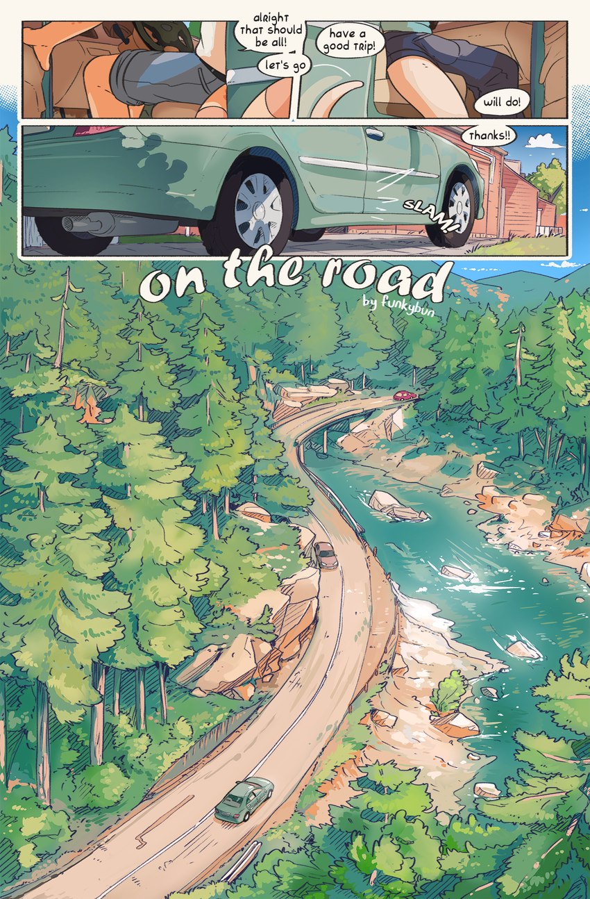 anthro car detailed_background dialogue driving duo inside_car inside_vehicle male public text vehicle conditional_dnp funkybun toyota toyota_camry finn_(funkybun) nick_(funkybun) felid feline lizard mammal reptile scalie serval comic cover cover_art cover_page english_text hi_res