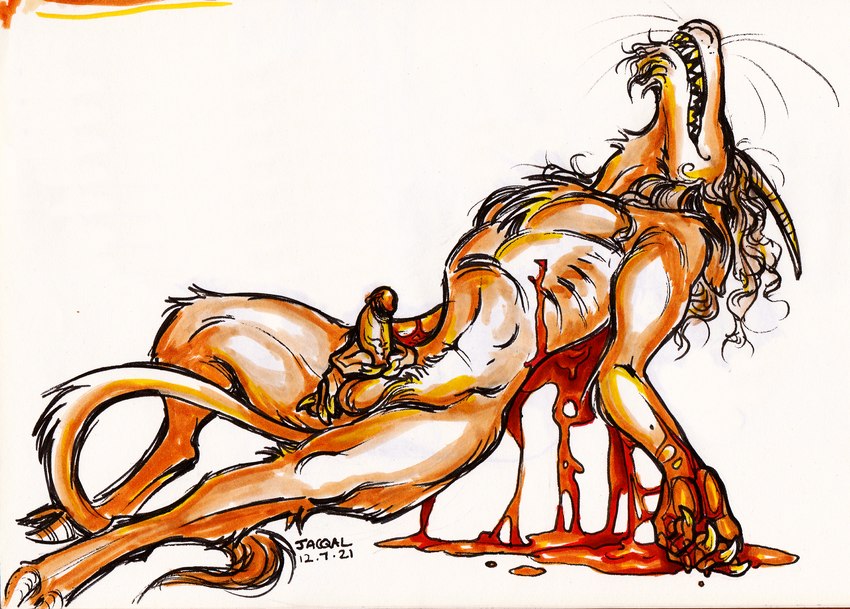 anthro balls blood bodily_fluids chest_tuft claws curled_hair digitigrade erection facial_hair finger_claws genitals goatee gore gore_focus hair hooves horn humanoid_genitalia humanoid_penis knee_tuft leg_tuft long_hair male masochism neck_tuft penis reclining sharp_teeth simple_background slit_wrist smile solo suicide tail tail_tuft teeth tuft unusual_blood unusual_bodily_fluids whiskers white_background wounded jacqal iowa_(jacqal) bovid caprine dryad goat mammal 2021 hi_res marker_(artwork) traditional_media_(artwork) trans_(lore) trans_man_(lore)