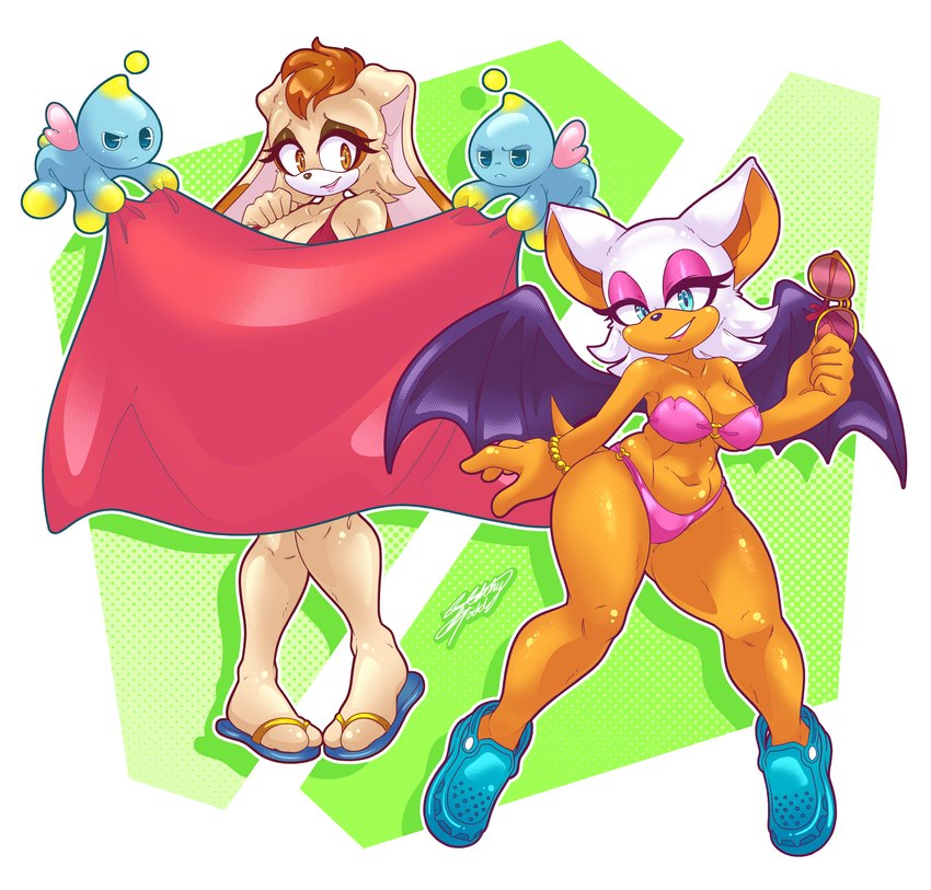 ambiguous_gender anthro bat_wings bikini blue_eyes breasts brown_eyes cleavage clothed clothing exposed_feet eyeshadow eyewear female flying footwear group half-closed_eyes lipstick makeup membrane_(anatomy) membranous_wings narrowed_eyes sandals shoes smile sunglasses swimwear tan_body tan_skin two-piece_swimsuit wings sketchytodd sega sonic_the_hedgehog_(series) rouge_the_bat vanilla_the_rabbit bat chao_(sonic) lagomorph mammal 2022 absurd_res hi_res signature