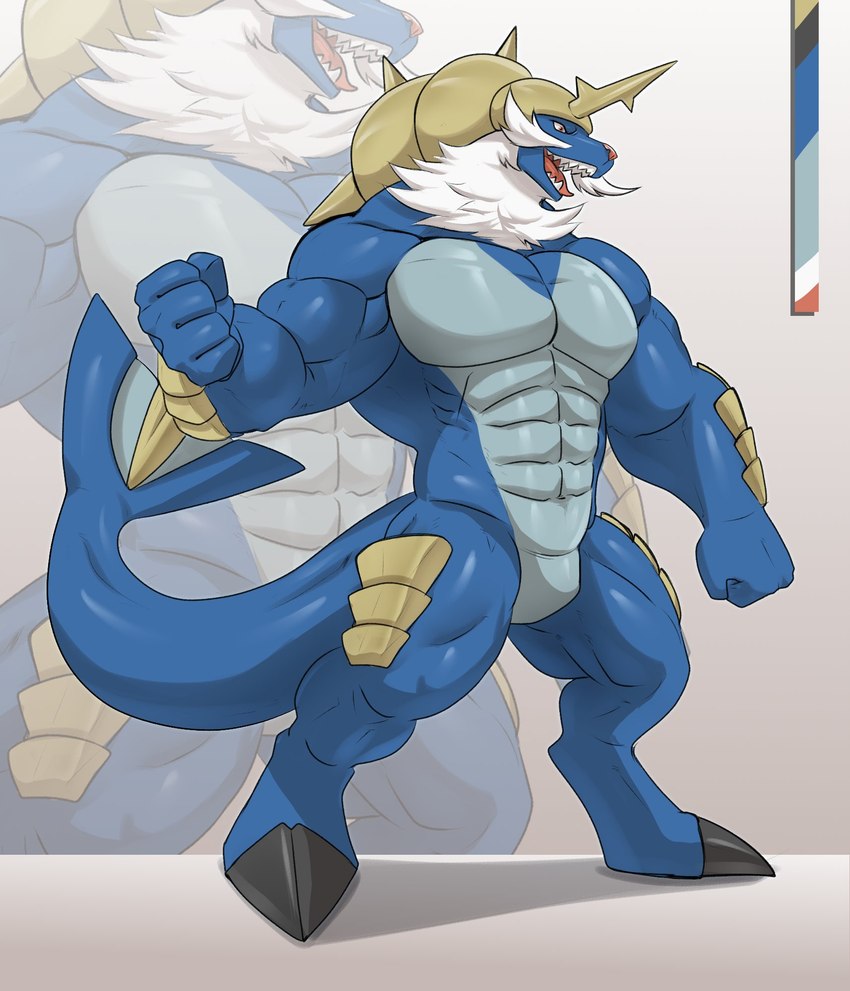 abs anthro armor biceps big_biceps biped blue_body blue_skin facial_hair featureless_crotch fin fist flippers fur hair horn male muscular muscular_anthro muscular_arms muscular_legs muscular_male muscular_thighs mustache neck_tuft open_mouth palette pecs plate_armor pokemorph red_nose serratus solo spikes tail tongue tuft war_fan whiskers white_body white_fur white_hair valentinesartx nintendo pokemon eurasian_otter generation_5_pokemon hybrid lutra mammal marine mustelid otter pinniped pokemon_(species) river_otter samurott sea_lion hi_res