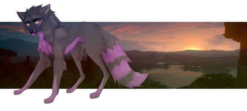 ambiguous_gender feral fur looking_at_viewer outside smile solo sunset teeth wildkicheko canid canine mammal hi_res