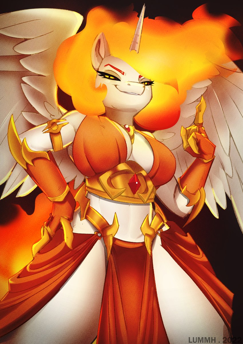 accessory anthro anthrofied breasts cleavage clothed clothing female fire flaming_hair flaming_tail gesture hand_gesture hand_on_hip horn jewelry looking_at_viewer necklace pointing pseudo_hair simple_background sinister smile smiling_at_viewer solo spread_wings standing tail wings yellow_eyes chilllum friendship_is_magic hasbro my_little_pony mythology daybreaker_(mlp) equid equine horse mammal mythological_creature mythological_equine pony winged_unicorn absurd_res hi_res