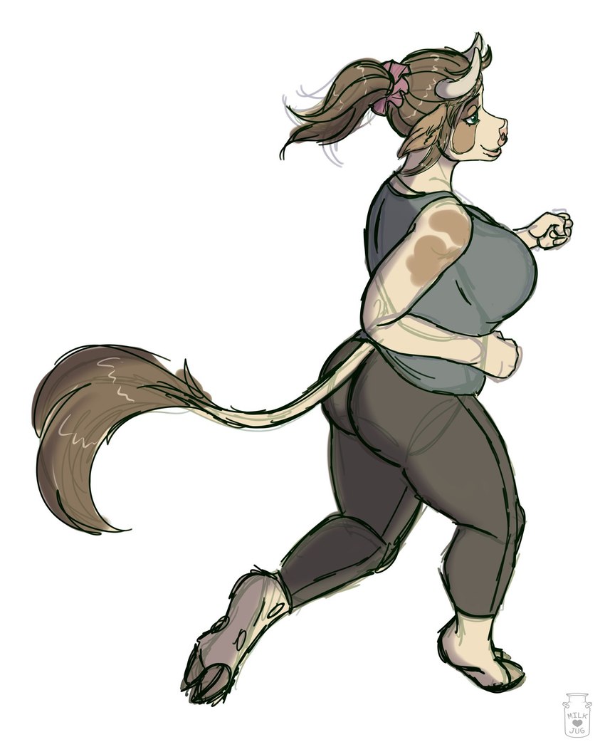 anthro big_breasts black_bottomwear black_clothing black_pants bottomwear breasts brown_hair brown_tail clothed clothing female green_eyes grey_clothing grey_topwear hair huge_breasts jogging logo narrowed_eyes open_mouth pants side_view simple_background solo tail tan_body topwear white_background milk-jug milky_(milk-jug) bovid bovine cattle mammal artist_logo hi_res