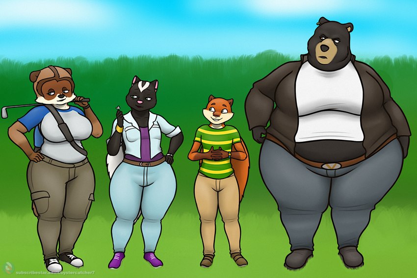 anthro anthrofied belly big_breasts black_body black_fur bottomwear breasts brown_body brown_fur clothed clothing crossgender curvy_figure female flower footwear fur golf_club group looking_at_viewer male mtf_crossgender overweight overweight_anthro overweight_female plant pose shirt shoes simple_background size_difference slightly_chubby small_breasts tail thick_thighs topwear voluptuous wide_hips oystercatcher7 dreamworks over_the_hedge hammy_(over_the_hedge) rj_(over_the_hedge) stella_(over_the_hedge) vincent_(over_the_hedge) american_black_bear bear black_bear mammal mephitid procyonid raccoon rodent sciurid skunk tree_squirrel ursine digital_media_(artwork) hi_res model_sheet