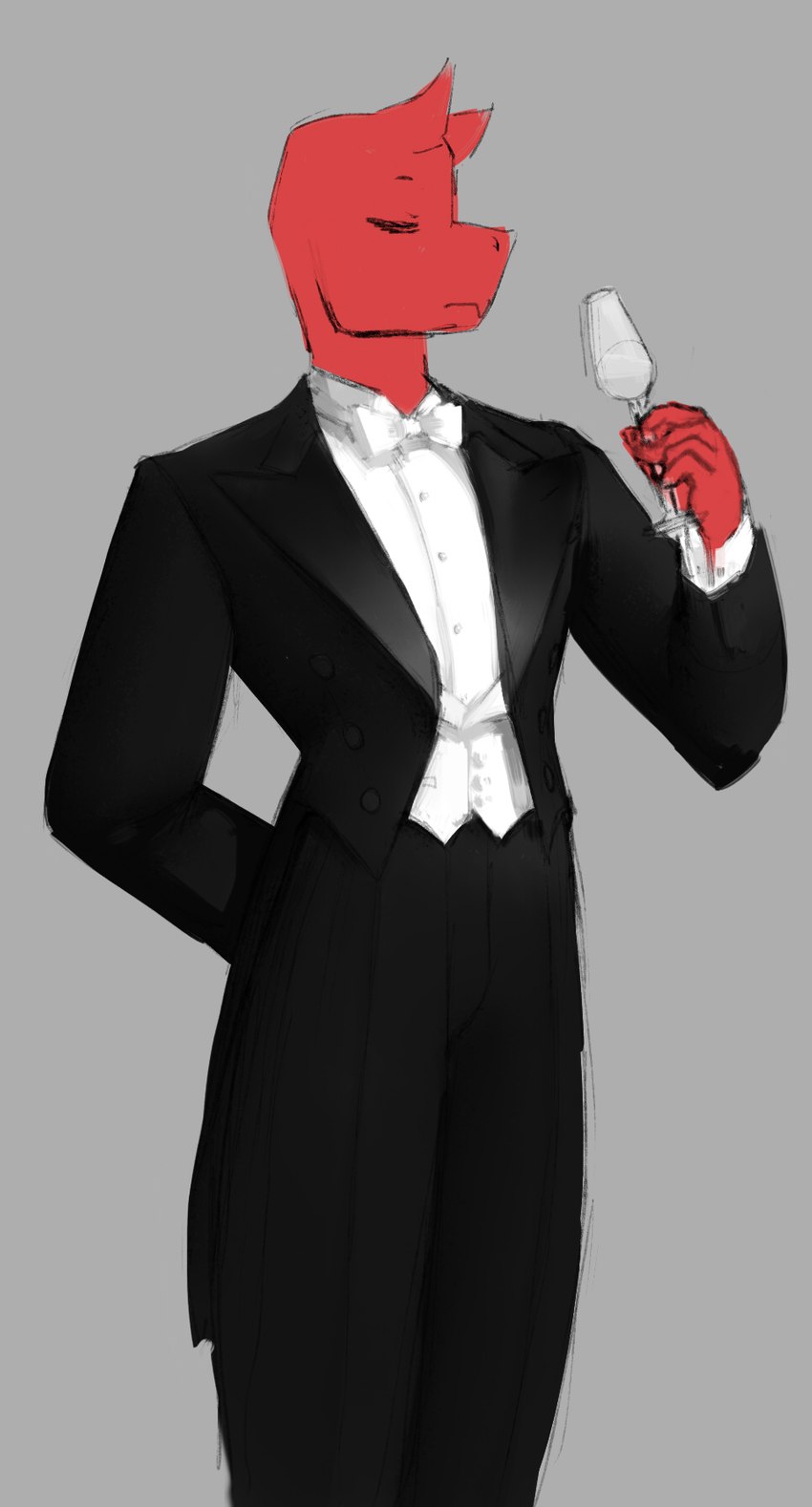 anthro bow_tie champagne_glass clothing coat container cup drinking_glass eyes_closed glass glass_container glass_cup horn male red_body solo suit tailcoat topwear vest white_bow_tie wing_collar sunhuiz louis_(sunhuiz) demon hi_res