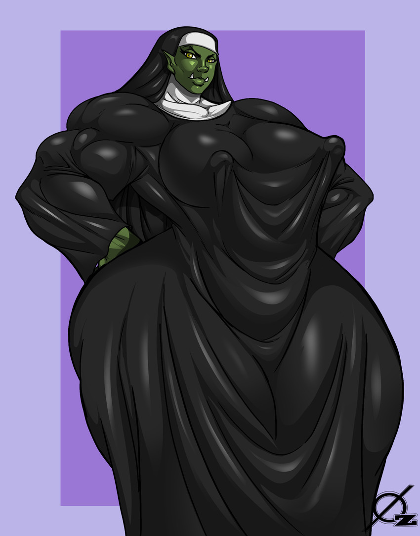 big_breasts big_muscles breasts clothed clothing fangs female green_body hand_on_hip huge_muscles hyper hyper_muscles muscular muscular_female muscular_humanoid nipple_outline not_furry nun solo teeth wide_hips osmar-shotgun humanoid orc hi_res