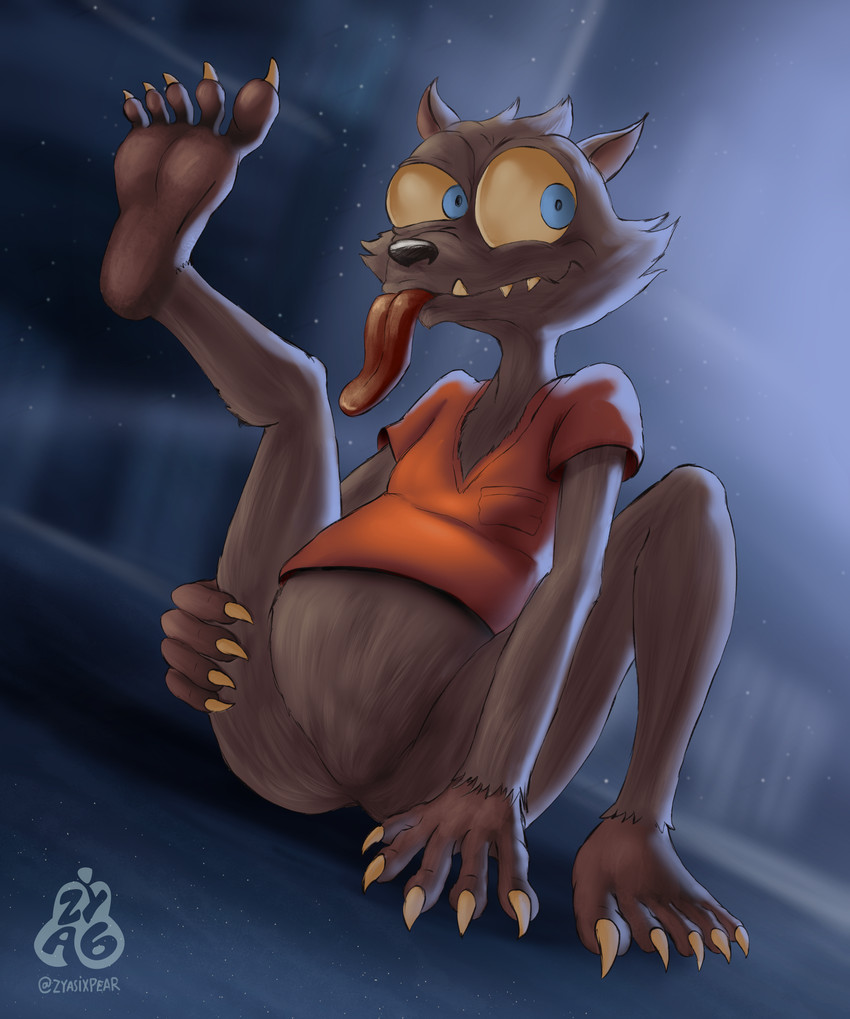 5_toes anthro bottomless clothed clothing featureless_crotch feet humanoid_feet male nails null one_leg_up plantigrade prison_uniform raised_leg solo toes tongue tongue_out zyasixpear creature_commandos weasel_(creature_commandos) weasel_(suicide_squad) mammal mustelid musteline true_musteline weasel absurd_res hi_res