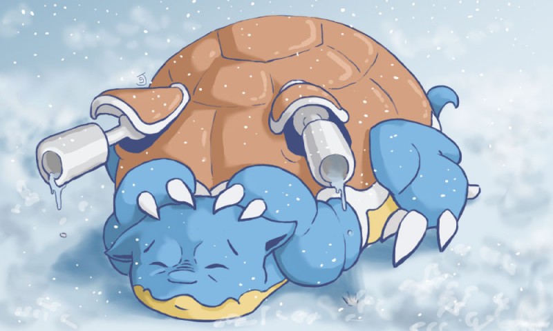 ambiguous_gender anthro biped blue_body blue_skin claws ears_down eyes_closed lying outside pivoted_ears shell snow snowing solo wooperworks nintendo pokemon blastoise generation_1_pokemon pokemon_(species) reptile scalie 5:3