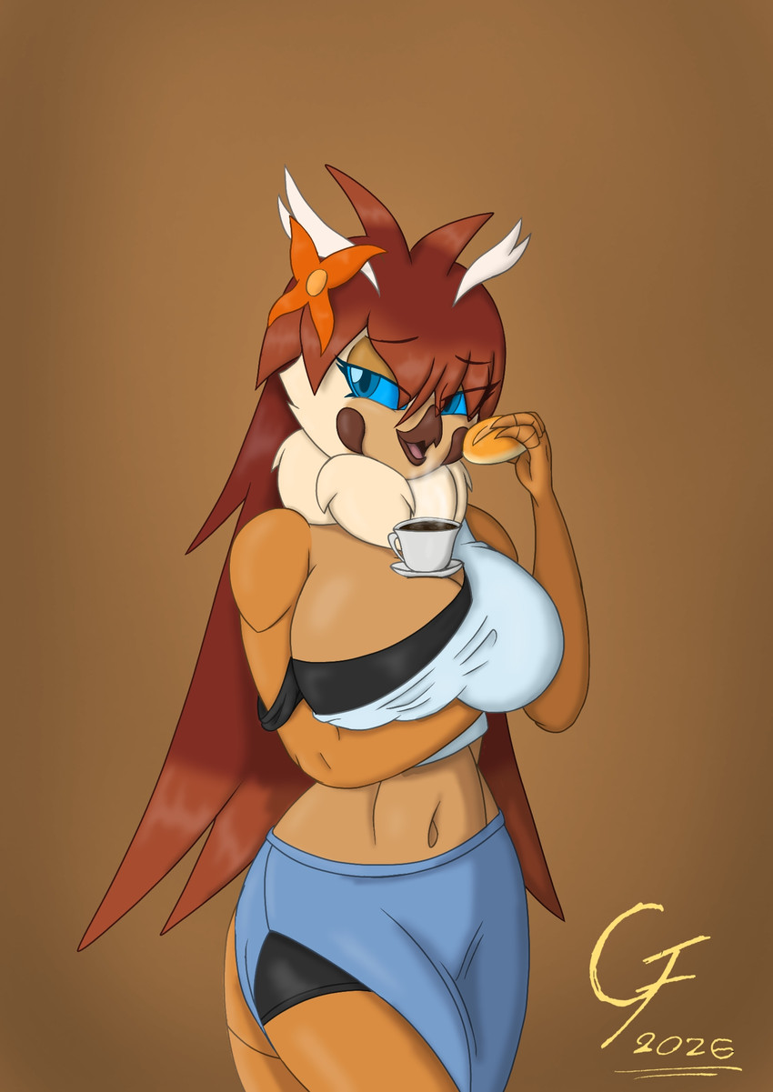 alternate_universe anthro big_breasts biped blue_eyes bread breasts brown_hair clothed clothing coffee_cup container cup eyewear female female_anthro food glasses gradient_background hair keychain navel no_underwear non-mammal_breasts non-mammal_navel object_between_breasts seductive simple_background solo standing text overlord_gabriel godzilla_(series) mothra_(series) toho fan_character godzilla mothra saffira_morath_(oc) arthropod kaiju digital_drawing_(artwork) digital_media_(artwork) hi_res