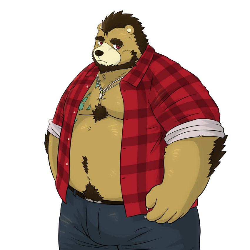 anthro beard belly big_belly black_nose bottomwear brown_body brown_fur clothed clothing facial_hair fur kemono male moobs open_clothing open_shirt open_topwear overweight overweight_male pants shirt simple_background solo topwear white_background mtflying30371 bear mammal 1:1 2019 hi_res