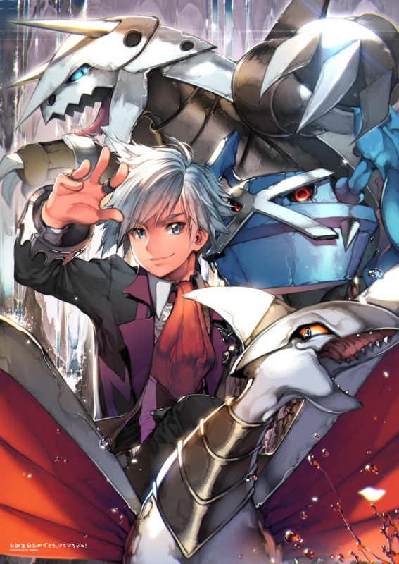 ambiguous_gender blue_eyes bodily_fluids claws clothed clothing feral group hair horn looking_at_viewer male open_mouth pokemon_champion pose red_eyes saliva smile team_pose teeth tongue tongue_out water wings kawacy nintendo pokemon steven_stone aggron avian bird generation_2_pokemon generation_3_pokemon human mammal metagross pokemon_(species) skarmory hi_res