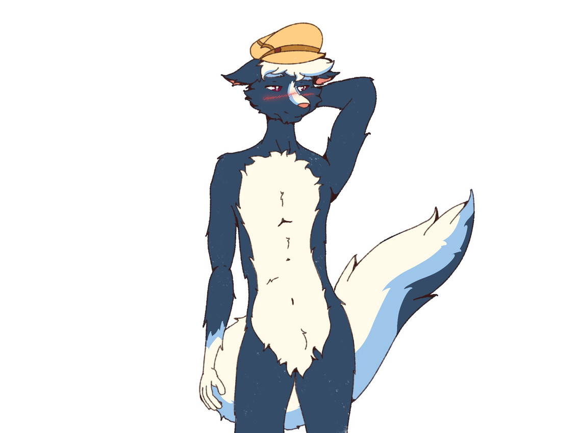 anthro blue_body blue_fur blue_tail blush blushing_profusely chest_fur clothing crotch_tuft embarrassed erect_tail flat_cap fur hair hat headgear headgear_only headwear headwear_only landscape looking_aside looking_away male mostly_nude nude null pink_nose red_eyes simulated_traditional_(artwork) solo tail tuft white_body white_fur white_hair white_tail misutaaurufu animal_crossing nintendo kicks_(animal_crossing) mammal mephitid skunk striped_skunk 4:3 digital_drawing_(artwork) digital_media_(artwork) graphite_(artwork) hi_res signature traditional_media_(artwork)