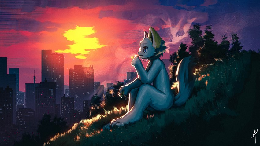 anthro blue_eyes building casual_nudity cigarette city detailed_background digitigrade eyewear fur grass heterochromatic_ears hillside holding_cigarette holding_object light male male_anthro monocle outside plant side_view sitting sky skyline skyscraper smoke smoking smoking_cigarette solo stare sunset tree white_body white_fur blaedic magician_fox canid canine fox mammal 16:9 2022 absurd_res digital_media_(artwork) digital_painting_(artwork) full-length_portrait hi_res lighting portrait widescreen