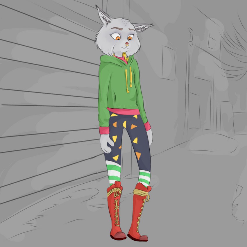 anthro boots clothing ears_aside eyeshadow facial_piercing female footwear ghetto hoodie makeup night nose_piercing nose_ring piercing ring_piercing septum_piercing septum_ring shoes solo thin_calves thin_legs thin_thighs topwear ashantihyena illumination_entertainment sing_(movie) nooshy_(sing) canada_lynx felid feline lynx mammal 1:1 absurd_res hi_res