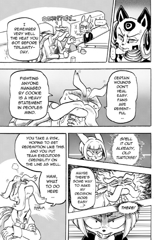 dialogue ear_piercing ear_ring facial_hair mustache piercing ring_piercing text daigaijin furryfight_chronicles cookie_(furryfight_chronicles) dinedon nyarai_(furryfight_chronicles) cheetah felid feline mammal reptile rodent scalie sciurid turtle comic english_text hi_res monochrome