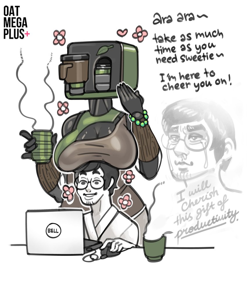 ara_ara beverage breasts cleavage clothed clothing computer computer_mouse container cup dialogue duo electronics emanata female for_a_head laptop larger_female machine male matcha_(tea) size_difference smaller_male steam tea tea_cup text oatmegaplus dell matcha_tea_(oatmegaplus) android human humanoid mammal robot 2021 absurd_res digital_drawing_(artwork) digital_media_(artwork) english_text hi_res