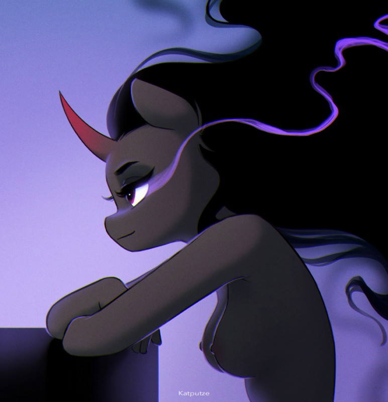 anthro black_hair breasts crossgender eye_mist eyelashes female hair horn long_hair mtf_crossgender nipples red_eyes smile solo katputze friendship_is_magic hasbro my_little_pony mythology king_sombra_(mlp) equid equine mammal mythological_creature mythological_equine unicorn 2019 hi_res