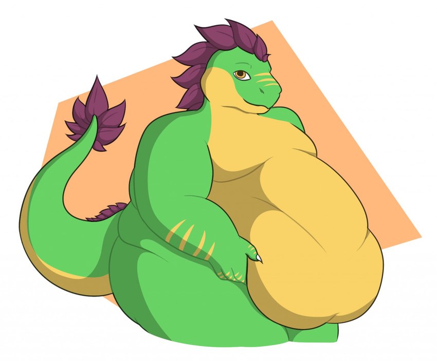 4_fingers anthro belly belly_rolls bent_arm big_belly claws closed_smile feathered_crest feathers featureless_chest finger_claws fingers green_body green_scales green_tail head_crest holding_belly long_tail male male_anthro moobs mouth_closed nude_anthro nude_male obese obese_anthro obese_male orange_eyes overweight overweight_anthro overweight_male purple_body purple_feathers scales simple_background smile solo standing tail thick_thighs thin_eyebrows white_background white_claws yellow_body yellow_scales yellow_tail theannoyingnpc troodon_(character) dinosaur prehistoric_species reptile scalie theropod troodon troodontid 2018 colored digital_drawing_(artwork) digital_media_(artwork) shaded simple_shading