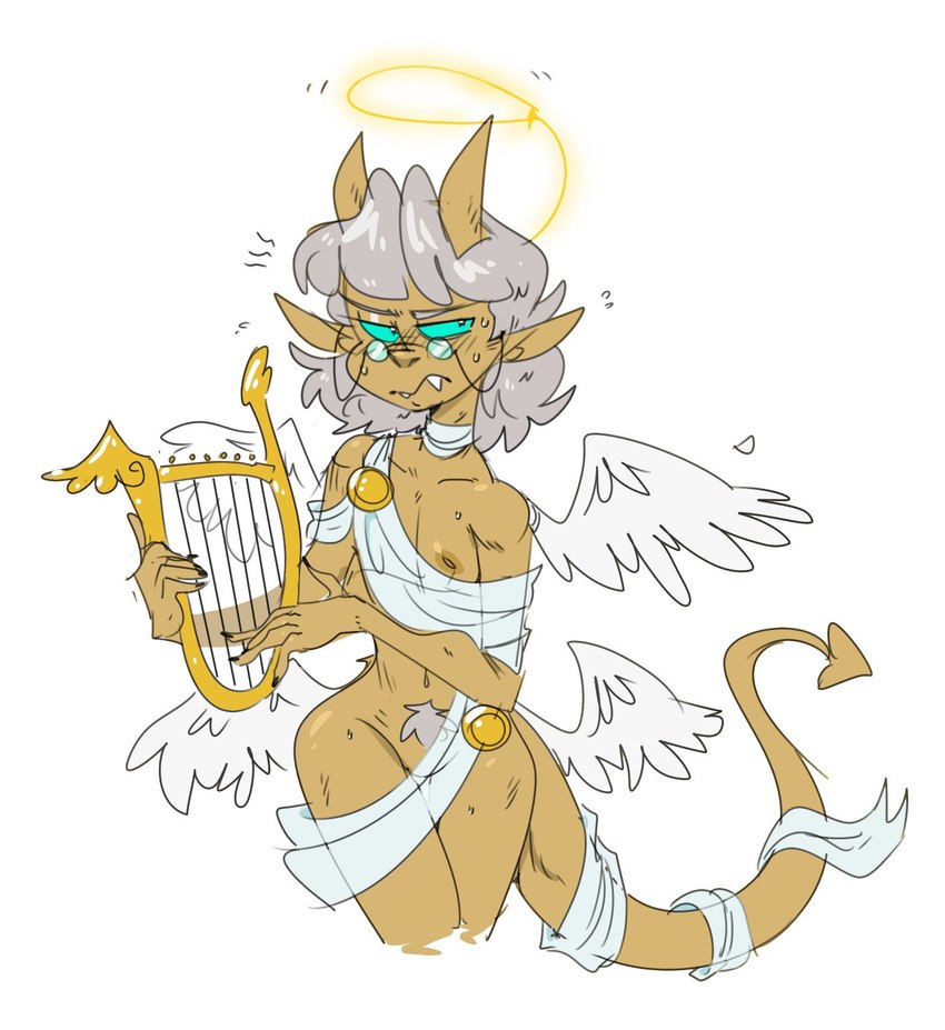 angel_costume areola black_eyes blush bodily_fluids claws clothed clothing costume eyewear fake_halo fake_wings featureless_crotch femboy fingers glasses gold_body gold_skin grey_hair hair harp horn humanoid_pointy_ears long_tail looking_at_viewer male musical_instrument navel nipples not_furry plucked_string_instrument pointy_ears pubes sharp_teeth simple_background skimpy solo spade_tail string_instrument sweat tail teeth turquoise_sclera white_background wide_hips mhdrawin lucy_(mhdrawin) demon demon_humanoid horned_humanoid humanoid 2022 digital_drawing_(artwork) digital_media_(artwork) hi_res