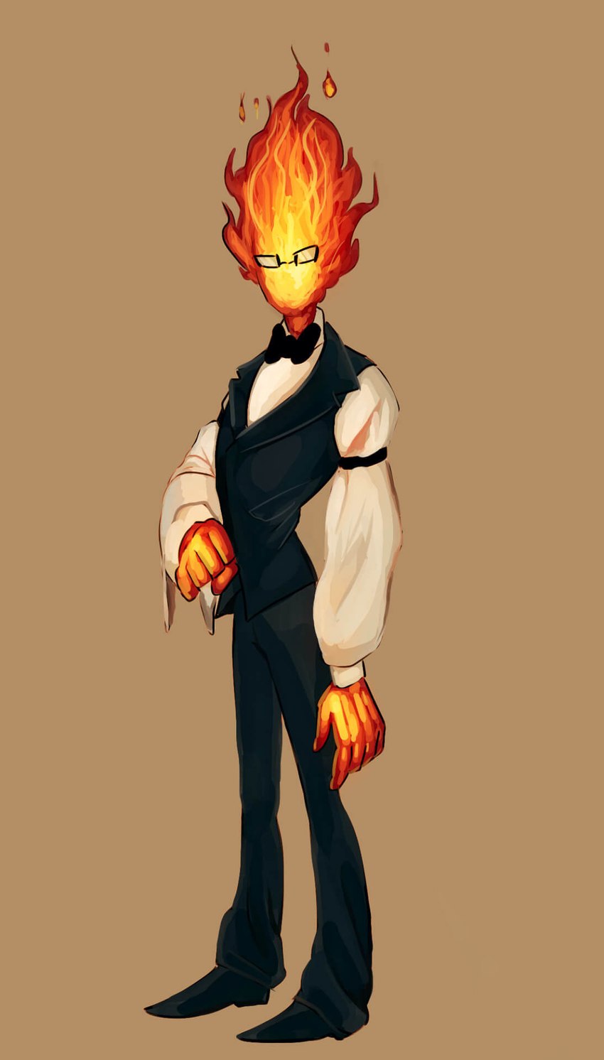 anthro biped bottomwear bow_tie clothed clothing dress_shirt eyewear fire glasses looking_at_viewer male mouthless noseless not_furry pants shirt simple_background slacks solo standing topwear towel vest wearing_glasses piippujalka undertale undertale_(series) grillby elemental_creature elemental_humanoid fire_creature fire_humanoid humanoid 2016 colored compression_artifacts digital_media_(artwork) full-length_portrait hi_res portrait