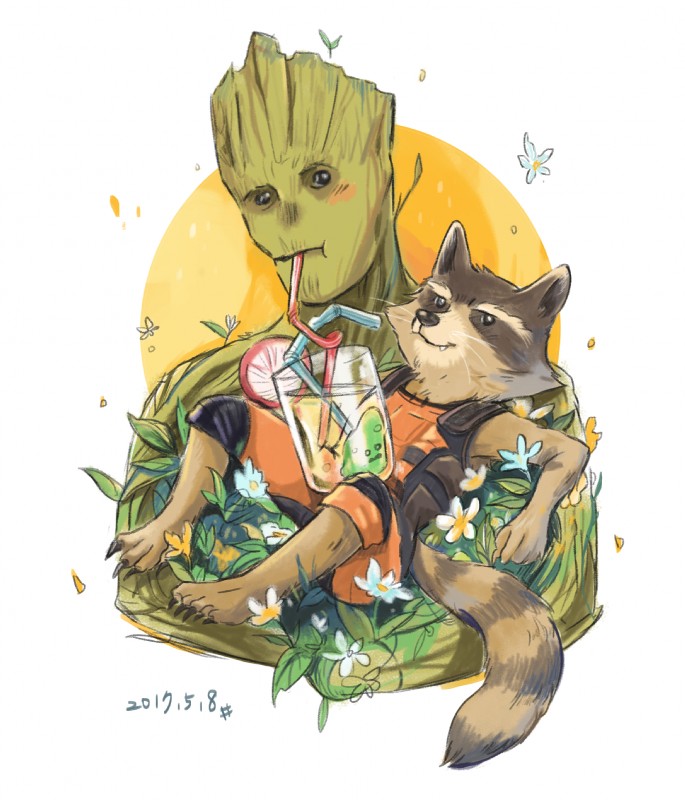 armor bendy_straw beverage claws clothing drinking_straw duo flower food fruit male orange_clothing plant tree bananacat_(artist) guardians_of_the_galaxy marvel groot rocket_raccoon elemental_creature elemental_humanoid flora_colossus flora_fauna humanoid mammal plant_humanoid procyonid raccoon hi_res