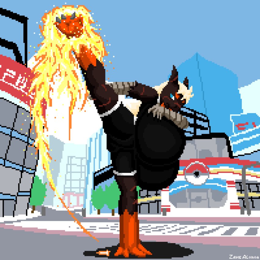 anthro big_breasts blonde_hair breasts city city_background cityscape clothed clothing dark_body dark_fur female fire flexible fur hair high_kick huge_breasts hyper hyper_breasts kick muscular one_leg_up raised_leg scar solo splits spread_legs spreading standing street thick_thighs vertical_splits zane_alonoa nintendo pokemon ashe_(zane_alonoa) avian bird blaziken generation_3_pokemon pokemon_(species) 1:1 2021 digital_media_(artwork) hi_res pixel_(artwork)