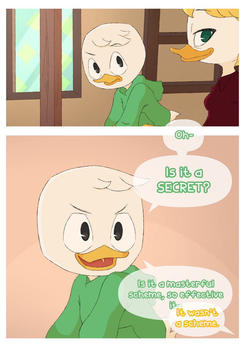 bed bedroom dialogue furniture threek disney ducktales ducktales_(2017) goldie_o'gilt louie_duck anatid anseriform avian bird duck absurd_res comic hi_res