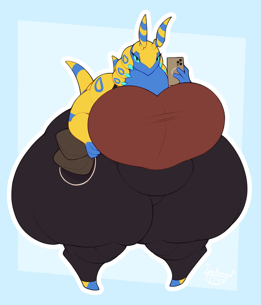 3_fingers antennae_(anatomy) anthro big_breasts black_bottomwear black_clothing black_pants blue_background blue_body blue_eyes blue_markings blue_skin bottomwear breasts brown_clothing brown_purse brown_topwear cellphone clothed clothed_anthro clothed_female clothing curvy_figure electronics eyelashes featureless_legs female female_anthro fingers fully_clothed fully_clothed_anthro fully_clothed_female furrowed_brow half-closed_eyes holding_cellphone holding_object holding_phone huge_breasts huge_thighs hyper hyper_thighs looking_at_viewer markings mouthless multicolored_body multicolored_skin narrowed_eyes noseless overweight overweight_anthro overweight_female pants phone purse simple_background solo standing tail thick_neck thick_thighs topwear two_tone_body two_tone_skin white_background yellow_antennae yellow_body yellow_skin yellow_tail lyratrchubby nintendo pokemon fan_character generation_5_pokemon pokemon_(species) scolipede 2026 digital_drawing_(artwork) digital_media_(artwork) english_description flat_colors full-length_portrait hi_res portrait
