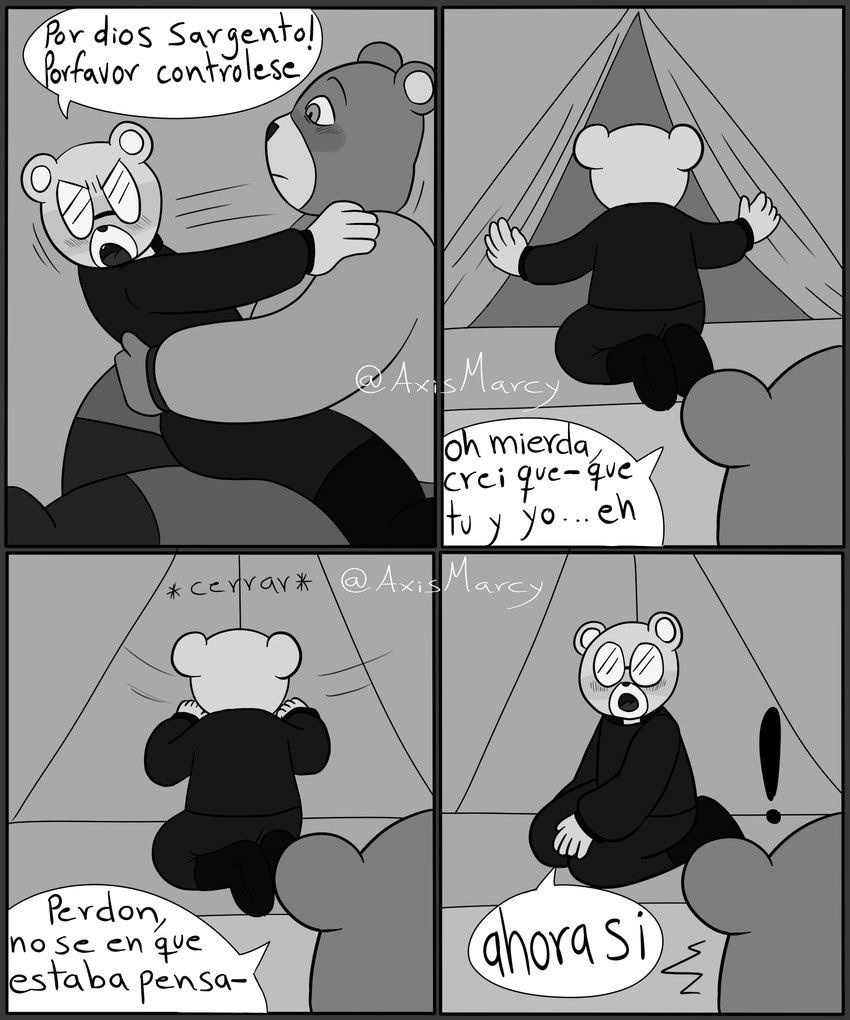 angry anthro blush bottomwear clothing dialogue duo exclamation_point eyewear glasses inside_tent pants shirt surprise tent text topwear axismarcy unicorn_wars padre_(unicorn_wars) sargento_caricias bear mammal 2023 absurd_res comic hi_res monochrome spanish_text translation_check translation_request