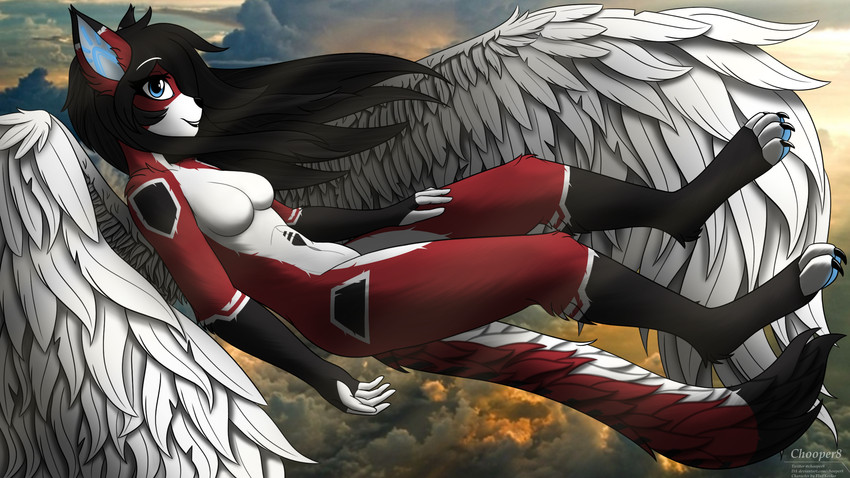 anthro black_body black_fur black_hair blue_eyes breasts cloud female flying fur hair looking_at_viewer machine multicolored_body multicolored_fur red_body red_fur smile solo white_body white_fur wings chooper8 ara_(fluff-kevlar) android angel domestic_cat felid feline felis mammal robot 16:9 digital_drawing_(artwork) digital_media_(artwork) hi_res widescreen