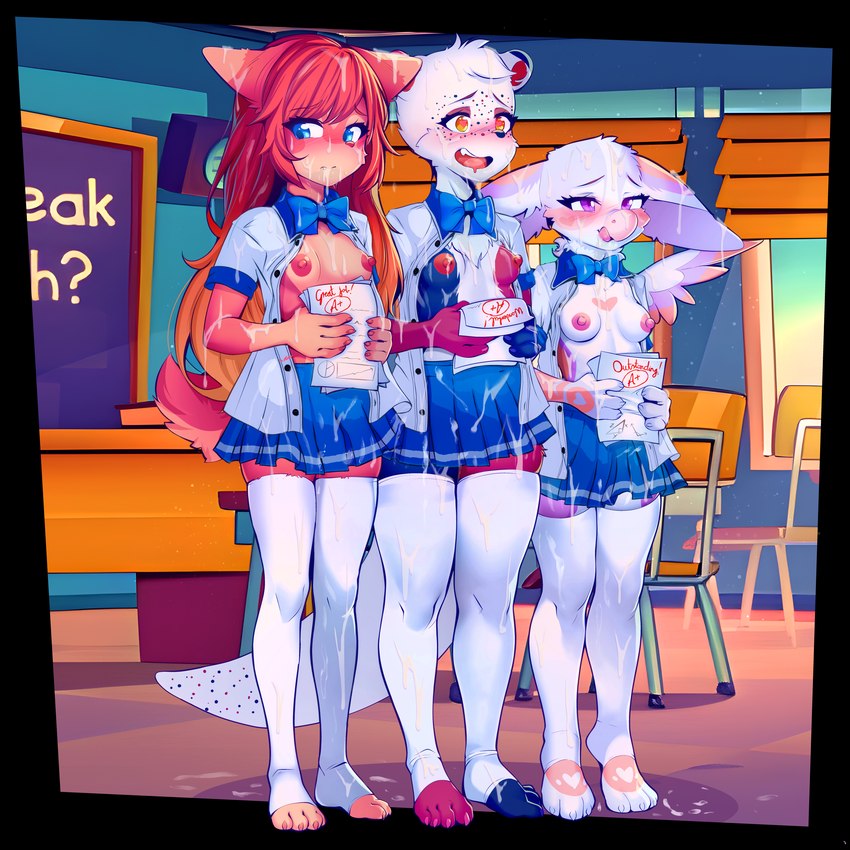 anthro biped blue_eyes blush bodily_fluids bottomwear bow_tie breasts classroom clothed clothing cum cum_in_hair cum_on_breasts cum_on_clothing cum_on_face desk female fur furniture genital_fluids group hair holding_object inside legwear licking licking_lips licking_own_lips multicolored_body nipples pupils purple_eyes red_hair school school_uniform shirt skirt standing table thick_thighs thigh_highs tongue tongue_out topwear trio unbuttoned_shirt uniform white_body white_fur sicmop mythology avian gryphon mythological_avian mythological_creature absurd_res hi_res