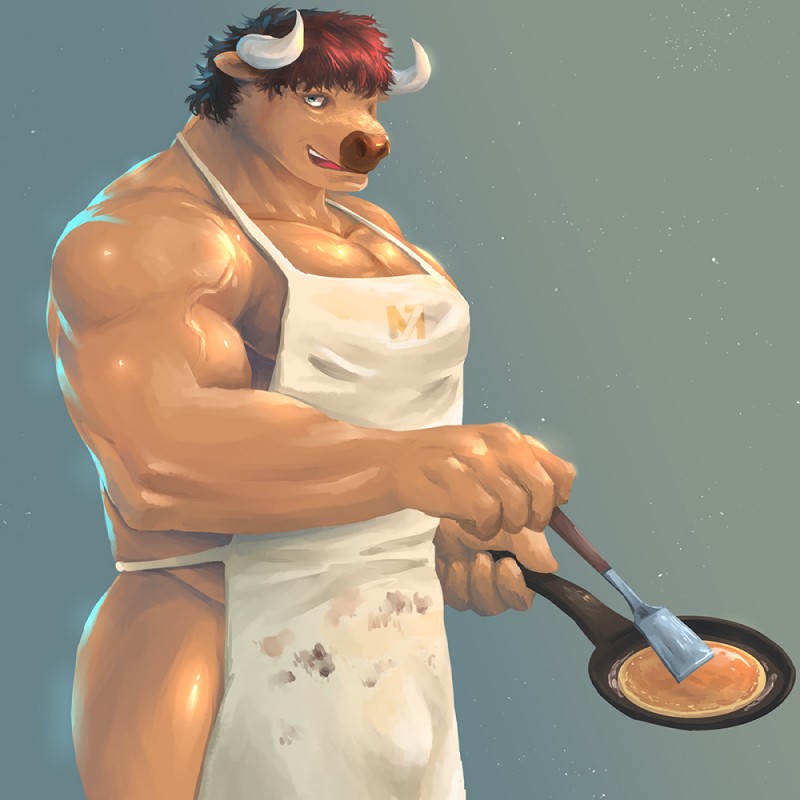 anthro biceps big_muscles blue_eyes bulge food hair horn looking_at_viewer male muscular muscular_anthro muscular_male pecs red_hair solo tan_body tan_skin m7 bovid bovine cattle mammal 1:1 2019