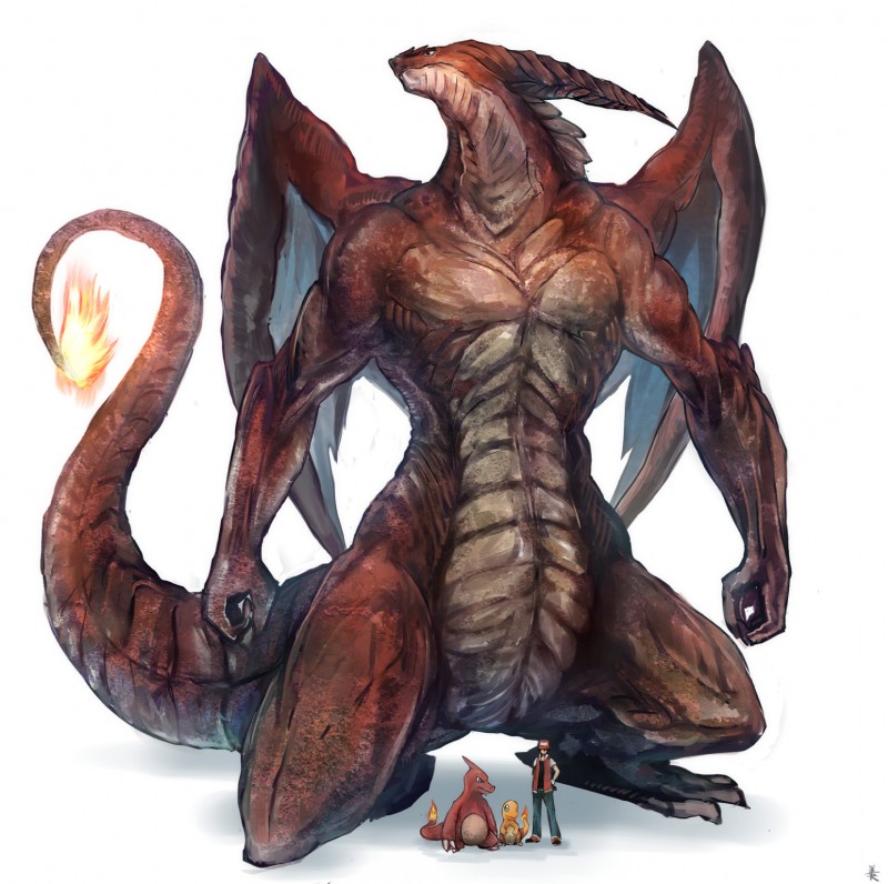 blue_eyes fire flaming_tail group male membrane_(anatomy) membranous_wings orange_body red_body simple_background tail white_background wings akaitera mythology nintendo pokemon pokemon_trainer red_(pokemon) yoshio charizard charmander charmeleon dragon generation_1_pokemon human mammal mythological_creature mythological_scalie pokemon_(species) scalie hi_res