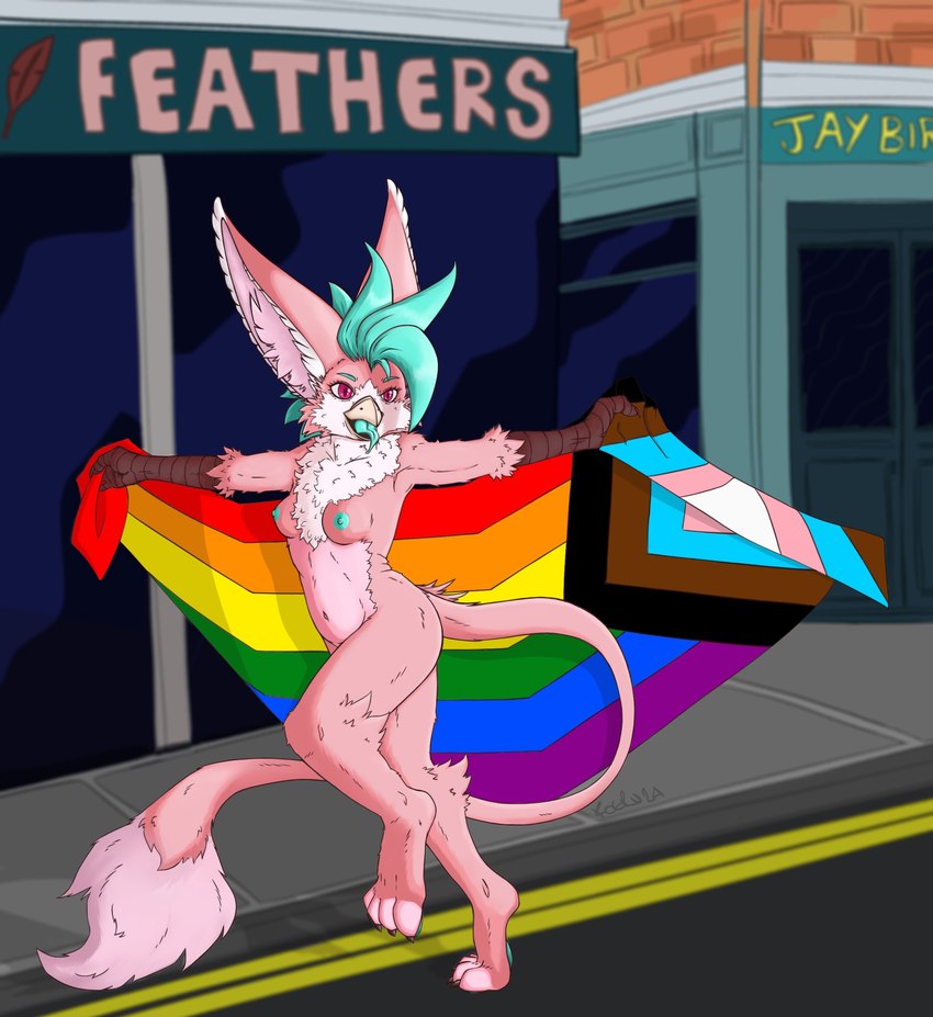 anthro beak belly big_ears breasts feathers female flag flag_(object) fluffy fluffy_chest fluffy_ears fluffy_tail fur hair holding_flag holding_object lgbt_pride long_tail mohawk navel nipples nude open_beak open_mouth paws pink_belly pink_body pink_feathers pink_fur prancing pride_color_flag pride_colors progress_pride_colors purple_eyes rainbow_pride_colors simple_background small_breasts solo tail teal_hair teal_nipples teal_tongue tongue tongue_out koeru lgbt_pride_month mythology koeru_(koeru) avian gryphon hybrid mythological_avian mythological_creature hi_res