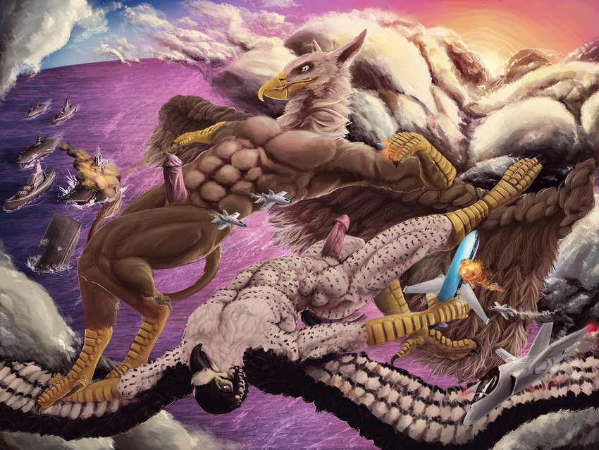 4_toes 5_fingers abs aircraft aircraft_carrier airplane anthro balls battleship beak biceps city claws crush crushed_vehicle destruction duo erection explosion extreme_size_difference feathered_wings feathers feet finger_claws fingers flying genitals humanoid_genitalia humanoid_penis jet macro macro_anthro macro_male male military muscular muscular_anthro muscular_male nude outside pawpads paws pecs penile penis rampage sea ship size_difference smile spread_wings tail toe_claws toes vehicle vehicle_destruction vein veiny_penis warship water watercraft wings ohohflamethrower mythology pyronite(commissioner) carpo corvidius_(character) avian bird falcon falconid gryphon mythological_avian mythological_creature