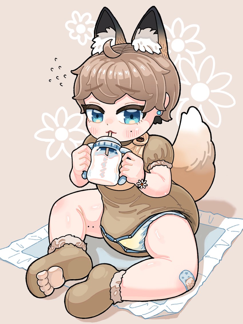 bandage bandaged_leg bib blue_eyes blush bodily_fluids bracelet brown_body brown_fur brown_hair button_(fastener) button_pop changing_mat clothing container cowlick cup diaper diaper_under_clothing dipstick_ears drinking drinking_straw ear_markings ear_piercing exposed_diaper eyebrow_through_hair eyebrows female floral_background flower_bracelet footwear fur genital_fluids hair holding_container holding_cup holding_object inner_ear_fluff jewelry looking_at_viewer markings mole_(marking) mole_on_cheek multicolored_ears object_in_mouth onesie pale_skin pawpad_socks piercing short_hair sippy_cup sitting snapsuit socks solo tail translucent translucent_hair tuft unclean_diaper urine used_diaper wardrobe_malfunction wet_diaper wetting white_body white_skin young diaper_aya animal_humanoid canid canid_humanoid canine canine_humanoid fox fox_humanoid humanoid mammal mammal_humanoid absurd_res hi_res