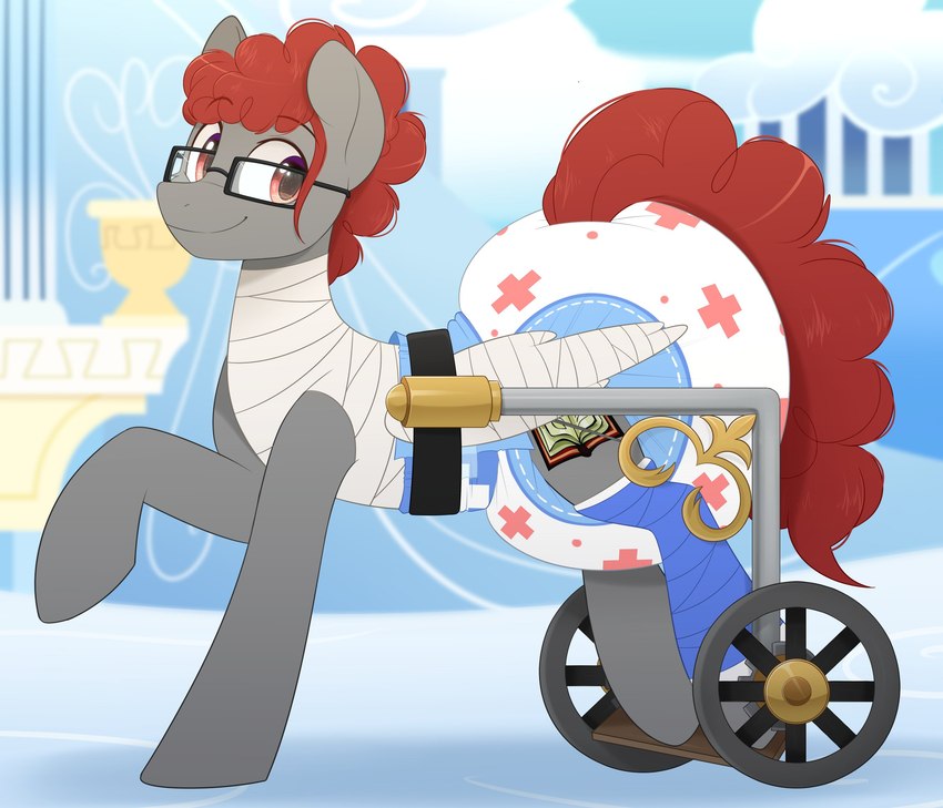 + amber_eyes bandage cast clothed clothing cloudsdale diaper diaper_fetish eyewear feral glasses male quadruped vehicle wearing_diaper wheelchair wings shuphle hasbro my_little_pony mythology fan_character equid equine mammal mythological_creature mythological_equine pegasus hi_res