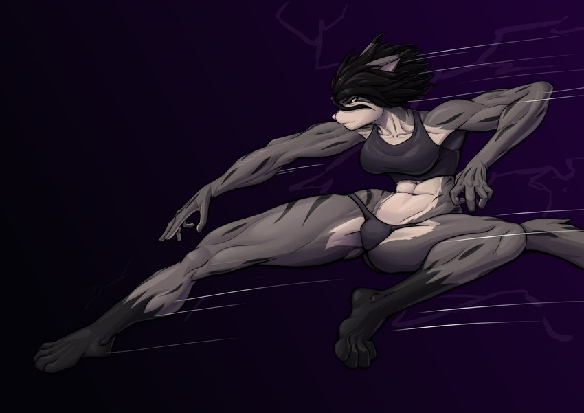 abs action_pose anthro athletic athletic_female biceps clothing dark_hair female flowing_hair gradient_background hair looking_away midair pose purple_eyes short_hair simple_background smile solo stripes topwear za-owl elwyna_(za-owl) domestic_cat felid feline felis mammal 2023 absurd_res digital_drawing_(artwork) digital_media_(artwork) hi_res