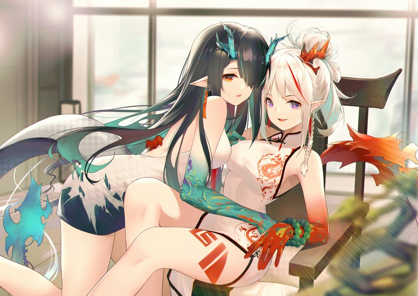 asian_clothing braided_hair breasts brown_eyes chair clothing duo east_asian_clothing female female/female furniture hair horn humanoid_pointy_ears looking_at_viewer pointy_ears purple_eyes smile tail white_hair window jiusan_naitan arknights hypergryph mythology studio_montagne dusk_(arknights) nian_(arknights) animal_humanoid dragon dragon_humanoid humanoid mythological_creature mythological_scalie scalie 2021 absurd_res hi_res