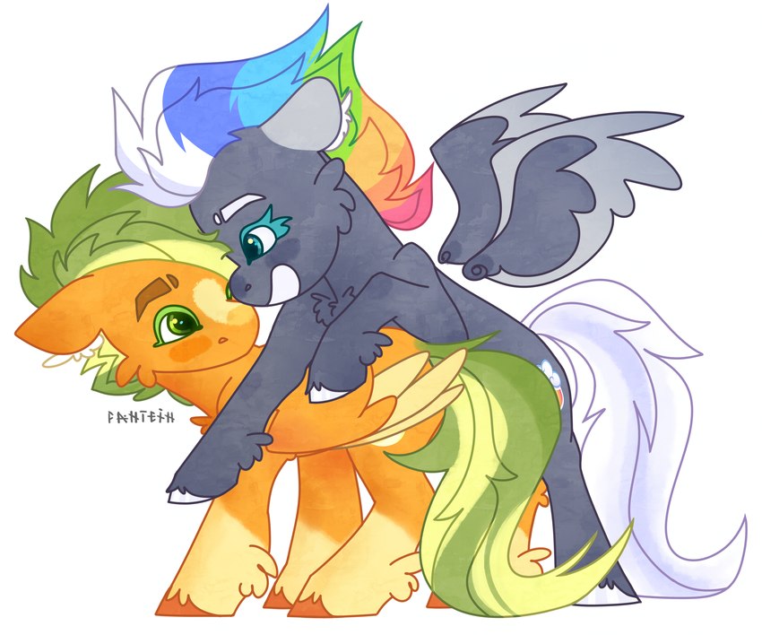 black_body black_fur black_wings blonde_mane blue_eyelashes blue_eyes brown_eyebrows brown_hooves cheek_tuft cutie_mark duo eyebrows eyelashes facial_tuft feathered_wings feathers female female_feral feral folded_wings fur green_eyes green_mane green_tail hooves long_tail male male/female mane multicolored_mane on_another orange_body orange_fur orange_wings quadruped rainbow_mane short_mane smile smiling_at_another standing tail text thick_eyebrows tuft two_tone_tail unguligrade white_eyebrows white_hooves white_mouth white_tail wings yellow_tail fantein hasbro my_little_pony mythology appie fan_character ru-fly equid equine mammal mythological_creature mythological_equine pegasus 2022 artist_name colored digital_drawing_(artwork) digital_media_(artwork) english_description hi_res shaded