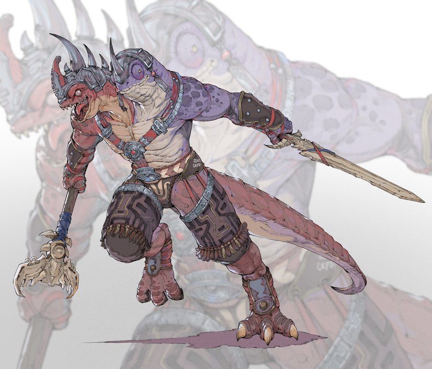 2_heads anthro armor axe clothed clothing dual_wielding headgear helmet holding_object holding_weapon light_clothing male melee_weapon multi_head multicolored_body muscular muscular_male open_mouth pecs simple_background solo sword tail two_tone_body weapon wristband josh_corpuz final_fantasy final_fantasy_xiv final_fantasy_xiv:_dawntrail square_enix bakool_ja_ja lizard mamool_ja reptile scalie 2024 colored hi_res