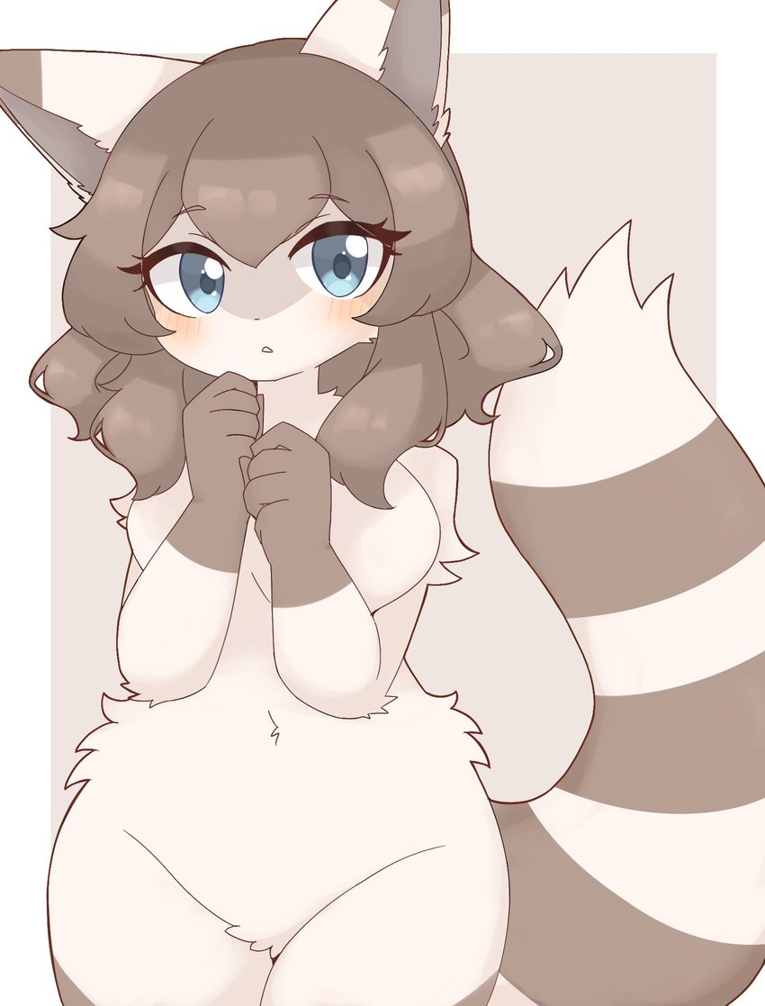 anthro anthrofied big_eyes blue_eyes blush breasts brown_hair covering covering_breasts featureless_breasts featureless_crotch female fluffy fur hair kemono leg_markings looking_away markings nude open_mouth pokemorph socks_(marking) solo striped_markings striped_tail stripes tail tail_markings unsure white_body white_fur wide_hips kuzuyu nintendo pokemon furret generation_2_pokemon pokemon_(species) hi_res