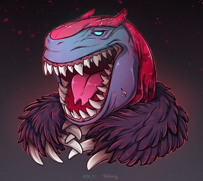 ambiguous_gender anthro beady_eyes blue_eyes forked_tongue gills grey_body mouth_shot narrowed_eyes neck_gills open_mouth red_body red_tongue sharp_teeth simple_background solo teeth tongue akuma_tlt riorix fish marine shark bust_portrait portrait signature