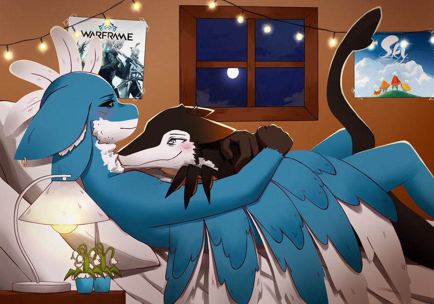 4_ears anthro bedroom biped black_body black_fur blue_body blue_feathers blush claws cuddling duo evening eye_contact feathered_wings feathers fur happy holding_another looking_at_another lying_on_another male male/male mohawk multi_ear orange_ears paws smile smiling_at_another smiling_at_each_other tail tail_feathers white_body white_feathers white_fur winged_arms wings van-lu digital_extremes sky_children_of_the_light tencent warframe lucid_the_sergal rogue_emberwing avali avian sergal digital_media_(artwork) hi_res