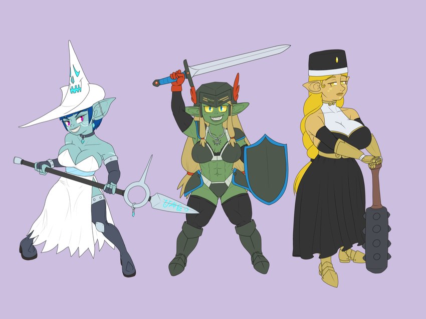 big_breasts breasts clothing club_(weapon) female green_body group hat headgear headwear hero humanoid_pointy_ears magic_user melee_weapon monster_girl_(genre) pointy_ears priest priest_robes shield staff sword weapon witch witch_hat yellow_eyes lurking_tyger goblin humanoid 4:3 hi_res