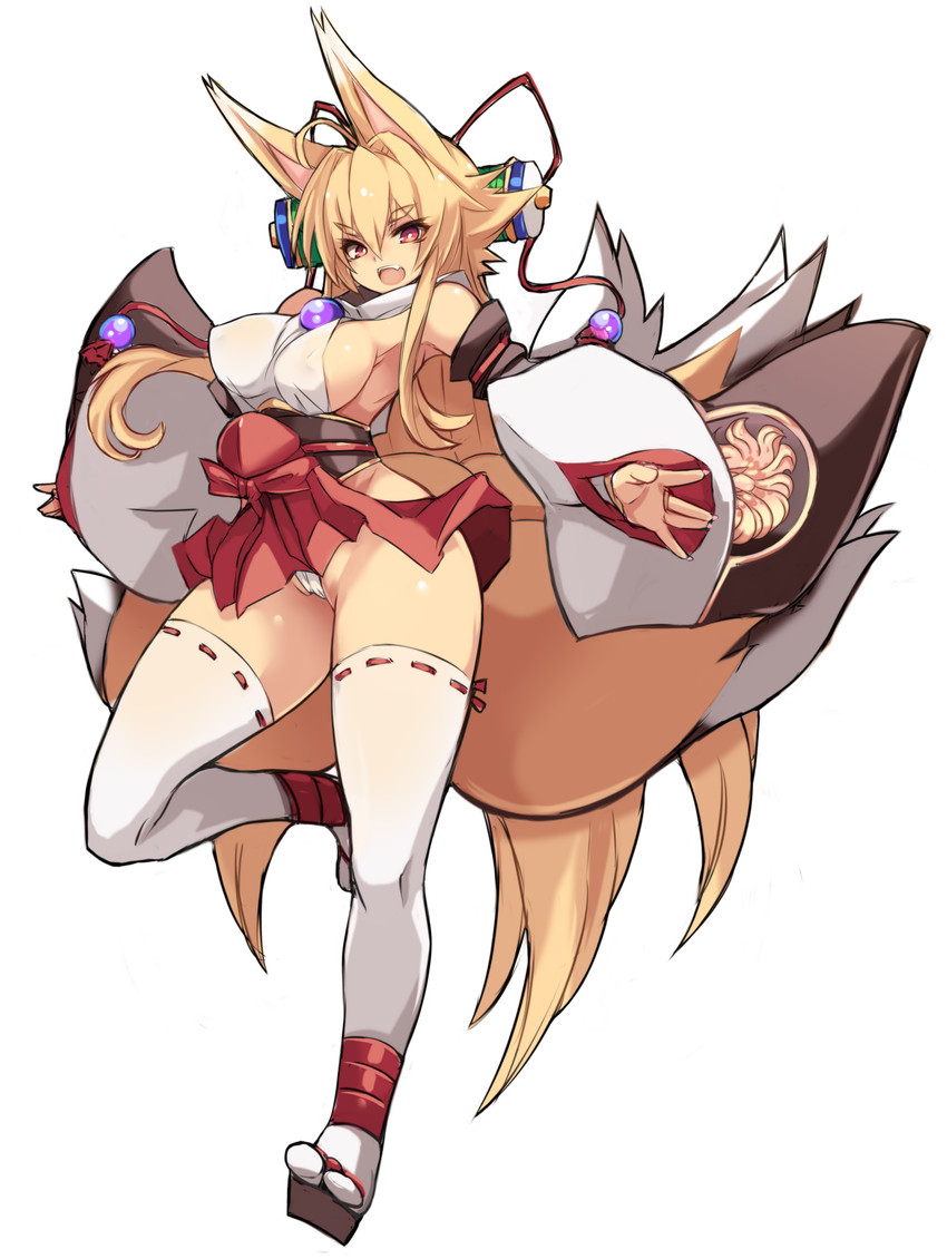 blonde_hair clothed clothing dress female footwear fur hair legwear looking_at_viewer low-angle_view multi_tail raised_leg sandals scroll shoes stockings tail thong underwear upskirt karukan_(monjya) shinrabanshou izuna_(shinrabanshou) animal_humanoid canid canid_humanoid canine canine_humanoid fox_humanoid humanoid mammal mammal_humanoid hi_res