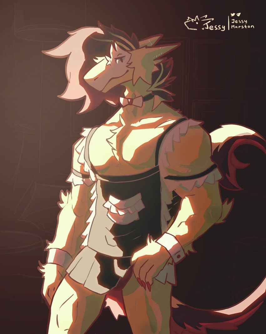 anthro clothing ear_piercing femboy maid_uniform male muscular muscular_femboy piercing solo uniform jessy_marston sergal hi_res