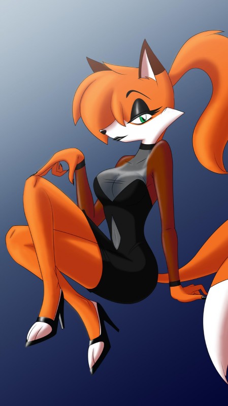 anthro clothing collar dress female footwear green_eyes high_heels looking_at_viewer seductive shoes simple_background sitting whitephoenix52 rebecca_cyrus canid canine fox mammal absurd_res hi_res